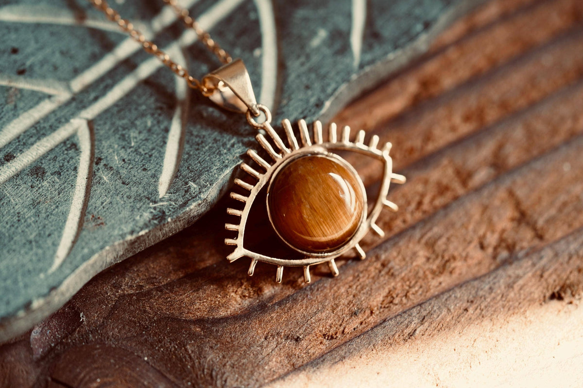 Chunky Tiger's Eye Brass Pendant Necklace, Stainless Steel Chain, Bohemian Jewellery for Women