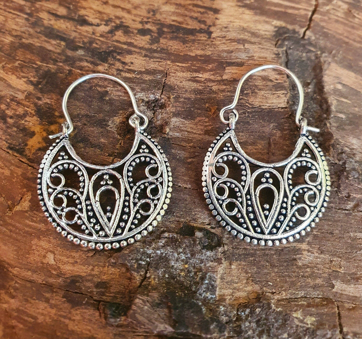 Mini Boho Silver Mandala Flower Earrings; Ethnic, Geometric,  Small, Rustic, Yoga, Hippie, Gypsy, Pretty, Ssy, Boho, Bohemian, Festival