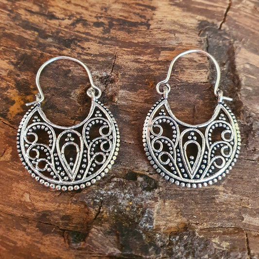 Mini Boho Silver Mandala Flower Earrings; Ethnic, Geometric,  Small, Rustic, Yoga, Hippie, Gypsy, Pretty, Ssy, Boho, Bohemian, Festival