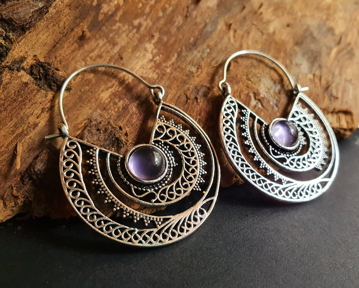 Amethyst & Silver Hoop Earrings Ethnic, rustic, yoga, hippie, gypsy, pretty, psy, boho, bohemian, festival