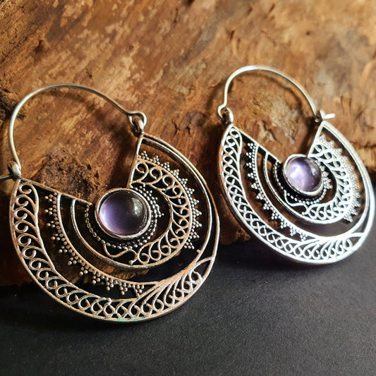 Amethyst & Silver Hoop Earrings Ethnic, rustic, yoga, hippie, gypsy, pretty, psy, boho, bohemian, festival