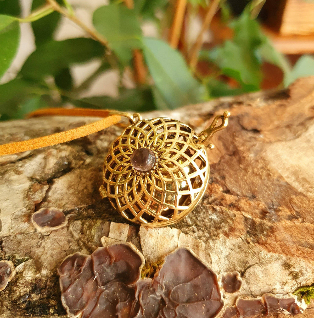 Golden Bola Necklace Brass & Amethyst / Pregnancy / Hypoallergenic / Harmony Ball / Chimes / Bell / Vegan / Ethnic / Boho  / Hippie /