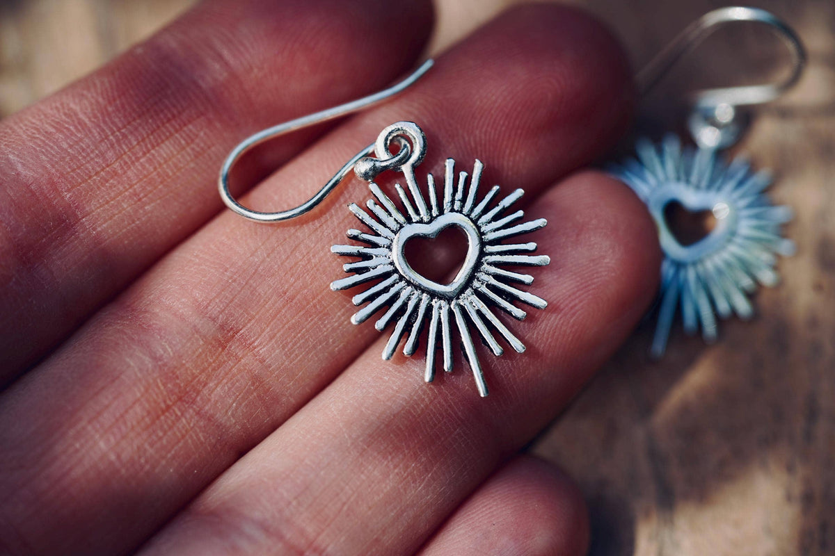 Silver Sacred Heart Earrings, Small Mexican Milagro Inspired Earrings, Sunburst Heart Dangles, Boho Silver Earrings
