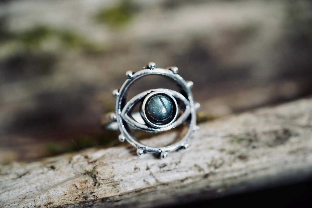 Labradorite Silver Eye Ring, Silver Plated Non Tarnish Ring, Boho Statement Ring, Evil Eye Inspired Ring, Gift for Her