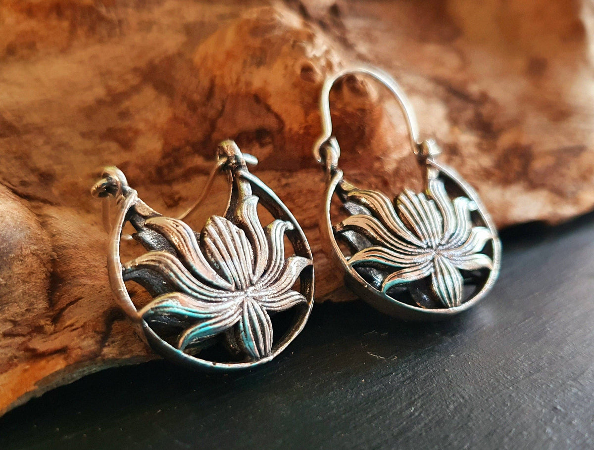 Boho Lotus Flower Silver Earrings; Ethnic, Geometric,  Small, Rustic, Yoga, Hippie, Gypsy, Pretty, Ssy, Boho, Bohemian, Festival