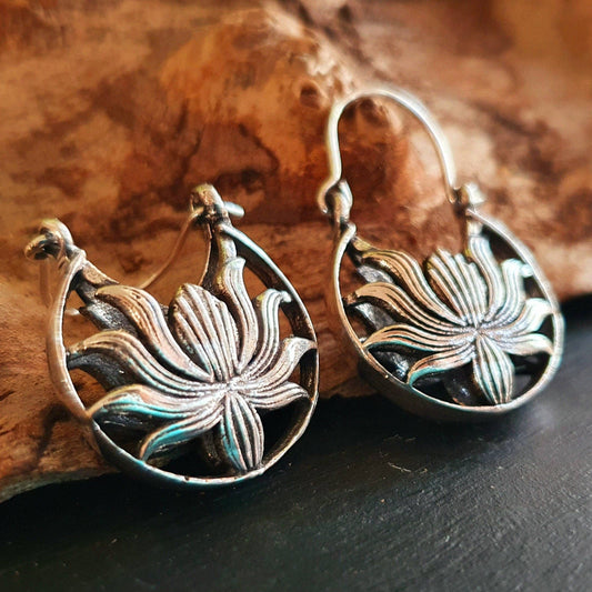 Boho Lotus Flower Silver Earrings; Ethnic, Geometric,  Small, Rustic, Yoga, Hippie, Gypsy, Pretty, Ssy, Boho, Bohemian, Festival
