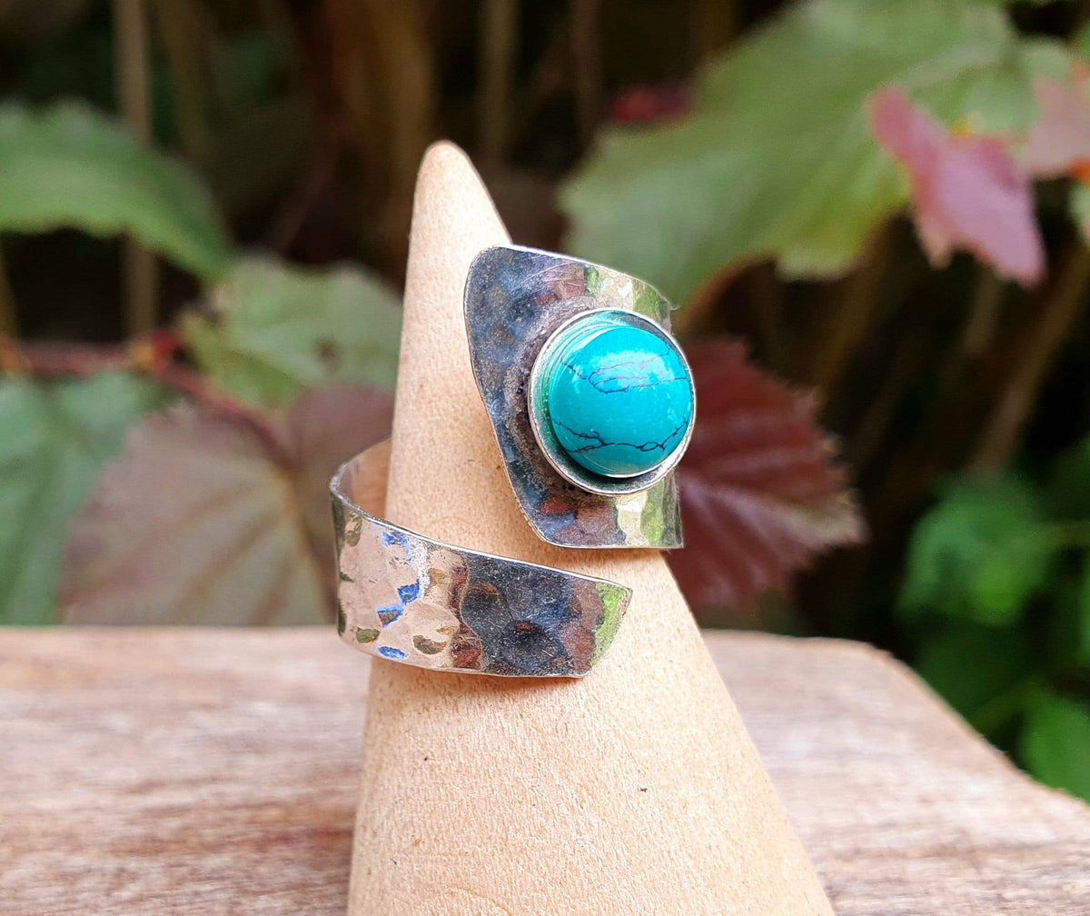 Hammered Silver Ring Turquoise, Boho Adjustable Turquoise Ring