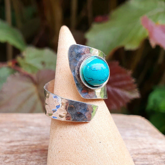 Hammered Silver Ring Turquoise, Boho Adjustable Turquoise Ring