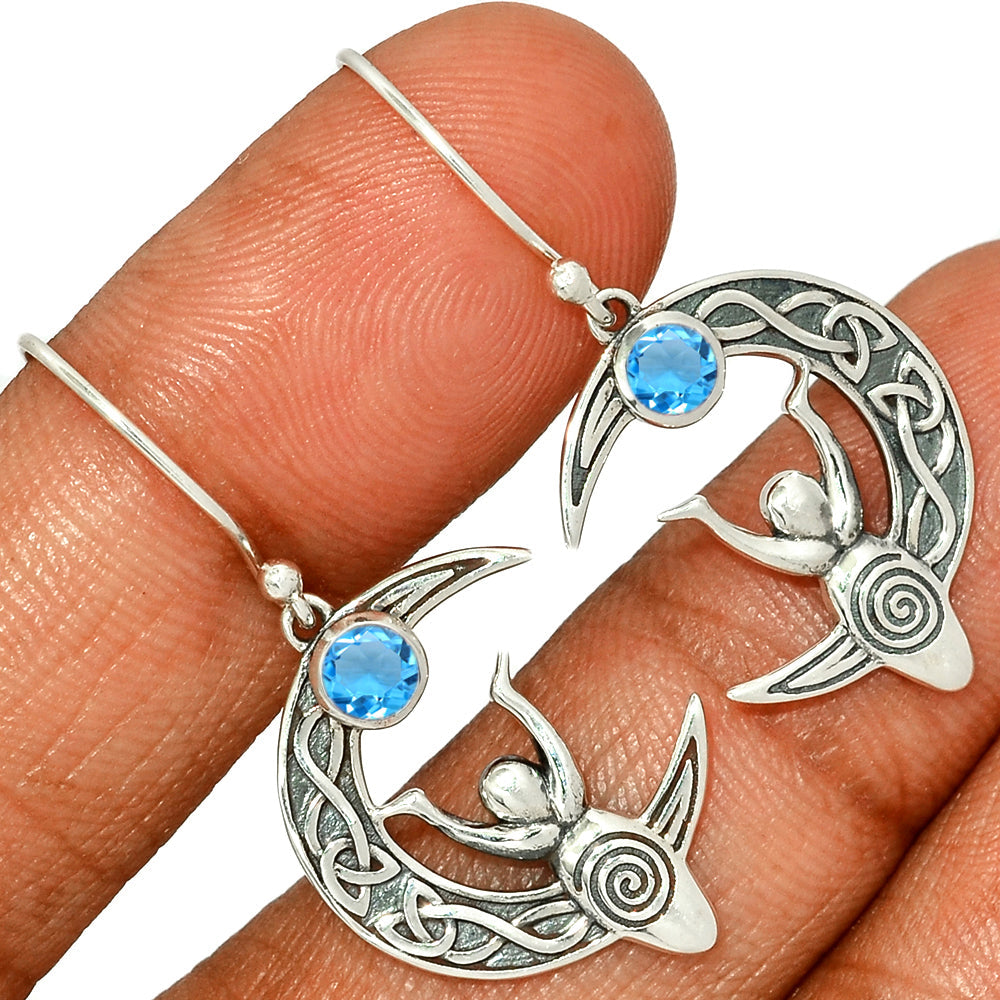Sterling Silver Blue Topaz Celtic Goddess Moon Earrings