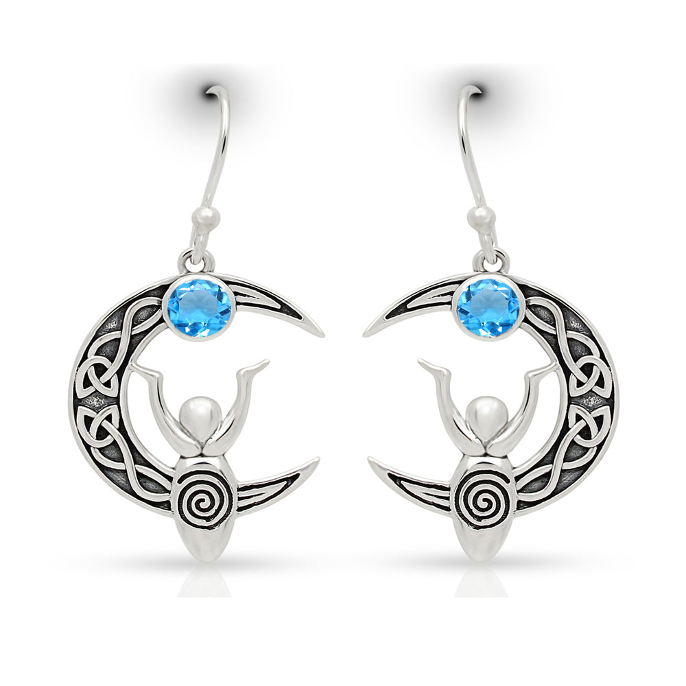 Sterling Silver Blue Topaz Celtic Goddess Moon Earrings