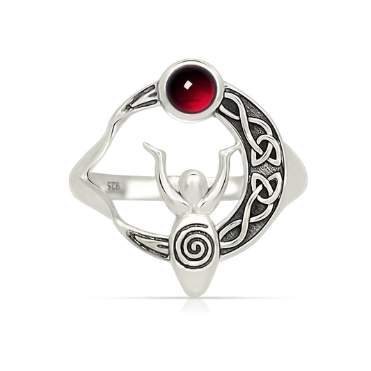 Sterling Silver Celtic Knotwork Goddess Garnet Ring