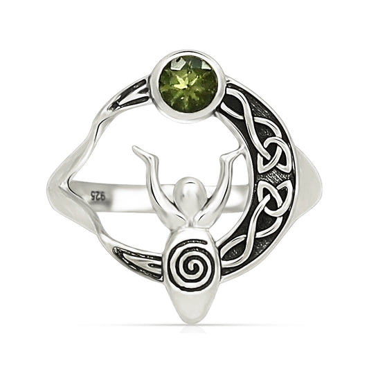 Sterling Silver Moldavite Celtic Goddess Ring