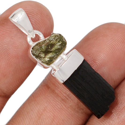 Sterling Silver Black Tourmaline & Moldavite Pendant