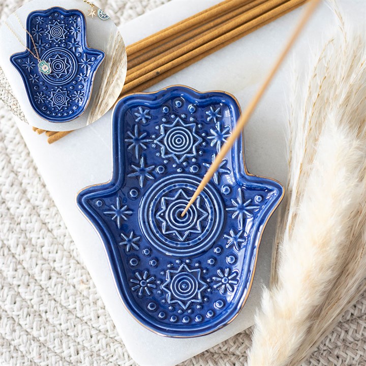 Dark Blue Hand of Hamsa Ceramic Incense Holder and Trinket Dish