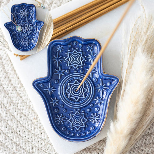 Dark Blue Hand of Hamsa Ceramic Incense Holder and Trinket Dish