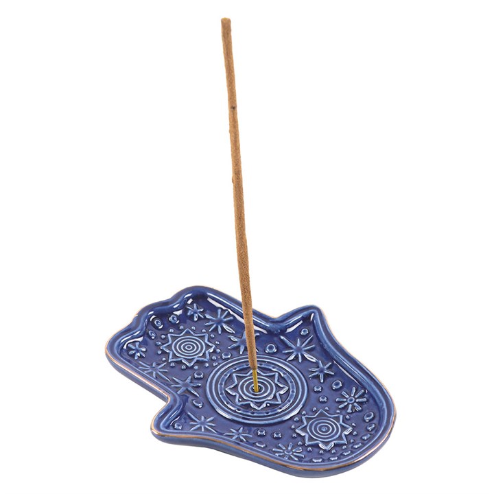 Dark Blue Hand of Hamsa Ceramic Incense Holder and Trinket Dish