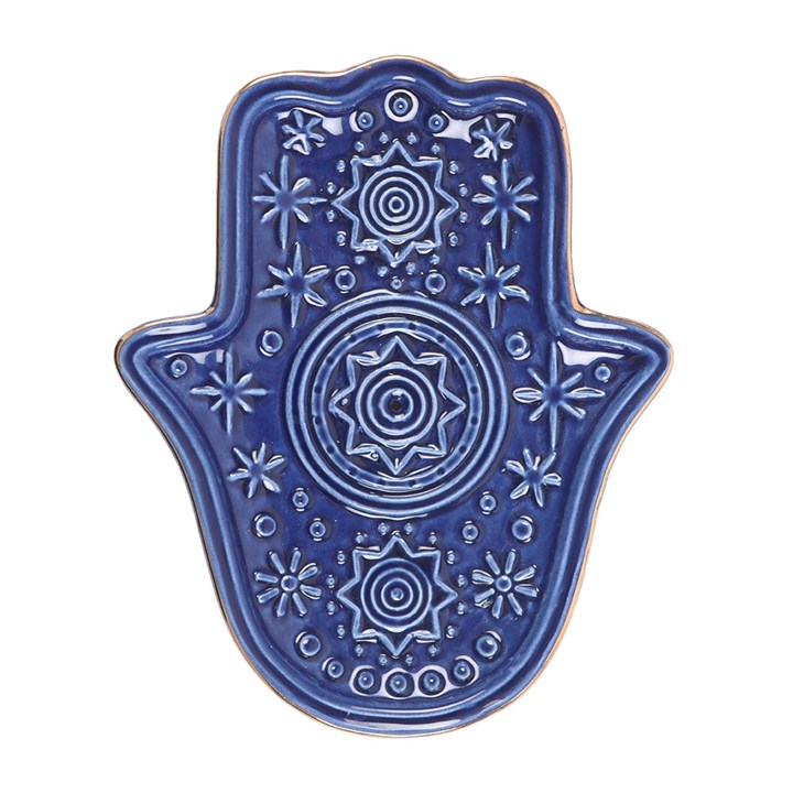 Dark Blue Hand of Hamsa Ceramic Incense Holder and Trinket Dish