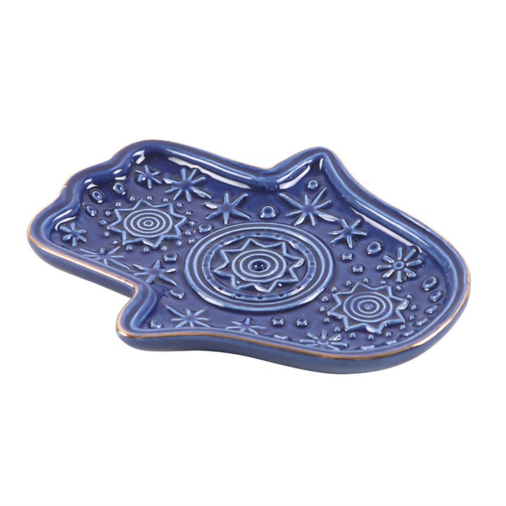 Dark Blue Hand of Hamsa Ceramic Incense Holder and Trinket Dish