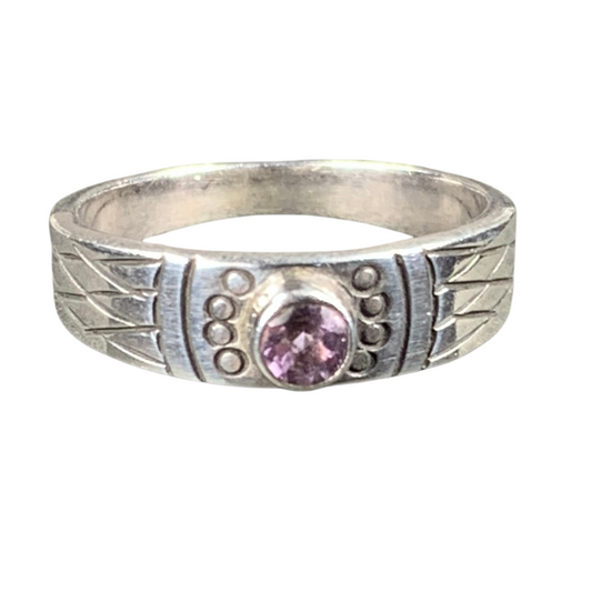 Sterling Silver Etched Faceted Amethyst Ring
