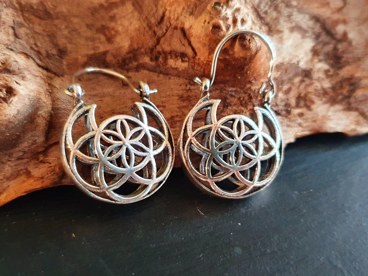 Boho Seed of Life Silver Earrings; Ethnic, Geometric,  Small, Rustic, Yoga, Hippie, Gypsy, Pretty, Ssy, Boho, Bohemian, Festival
