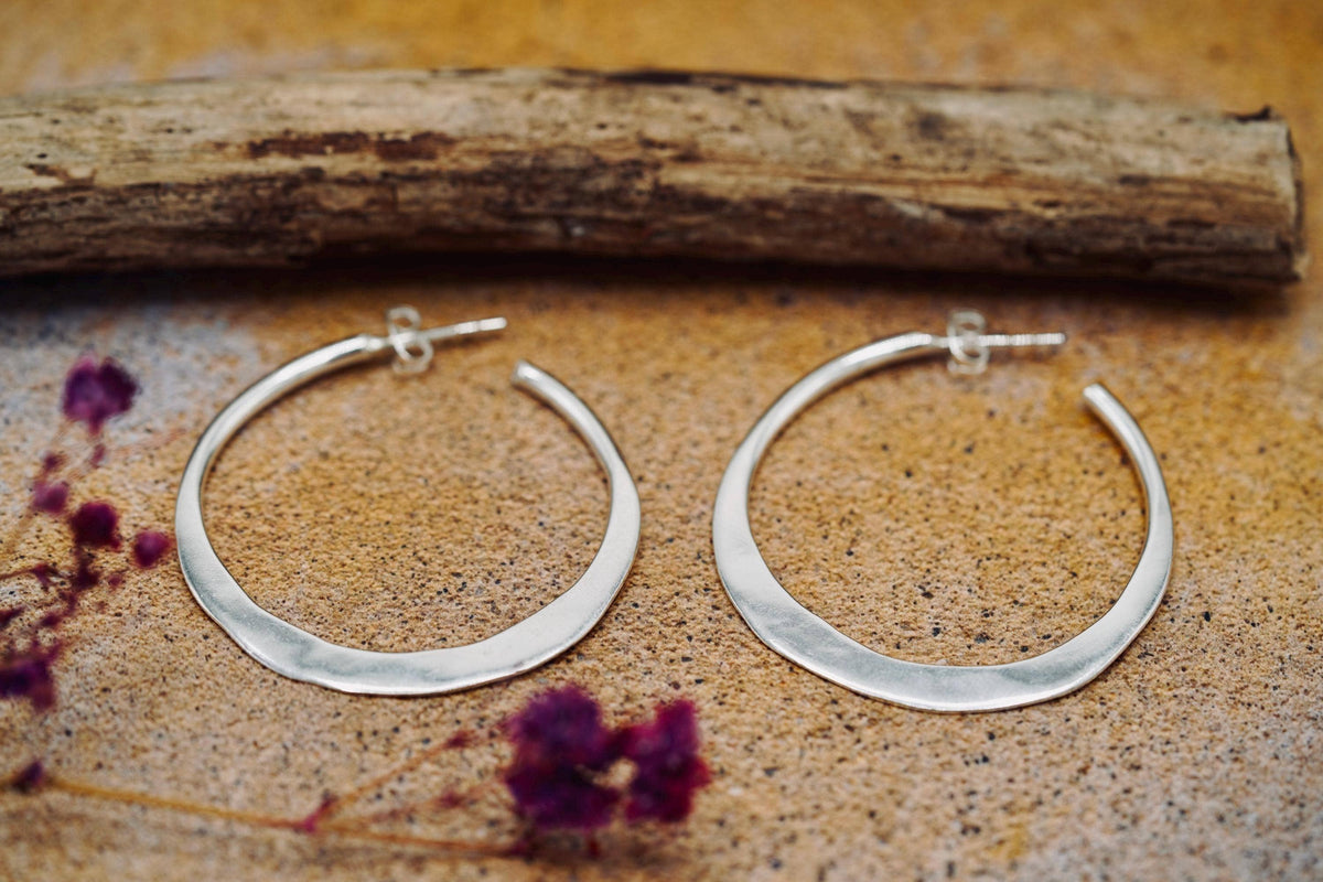 Hammered Flat Silver Hoop Earrings Butterfly Back, Irregular Silver Hoops, Ethnic Jewellery, Everyday Silver Earrings