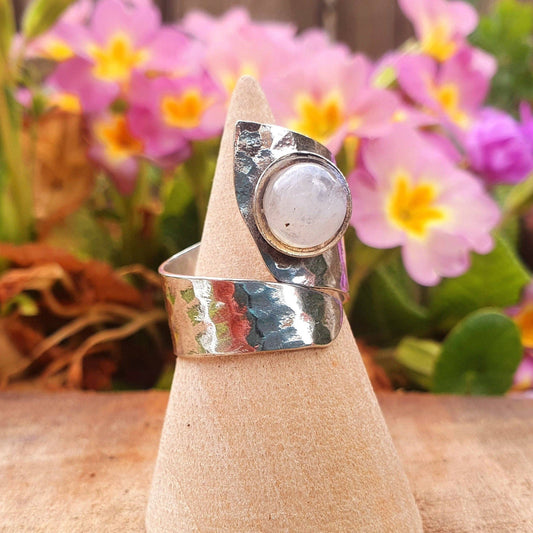 Hammered Silver Moonstone Ring, Adjustable Boho Ring