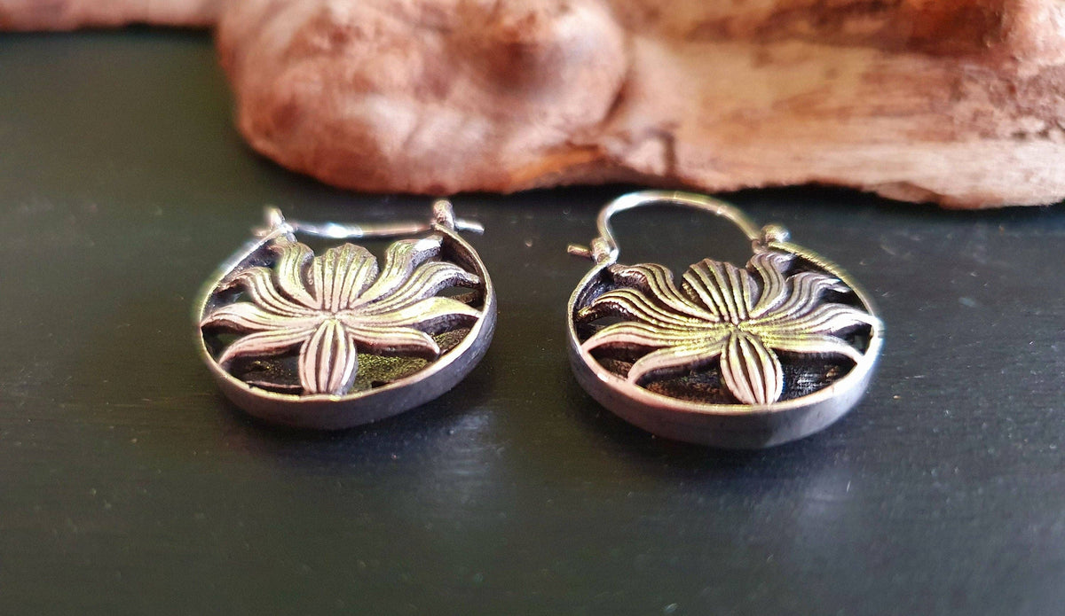 Boho Lotus Flower Silver Earrings; Ethnic, Geometric,  Small, Rustic, Yoga, Hippie, Gypsy, Pretty, Ssy, Boho, Bohemian, Festival