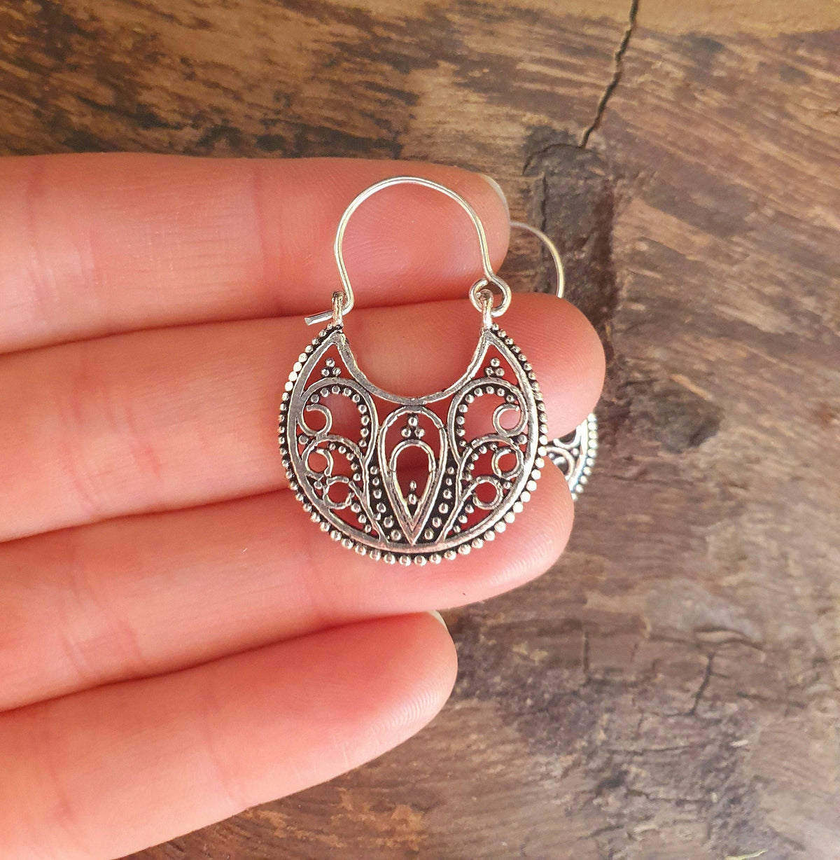Mini Boho Silver Mandala Flower Earrings; Ethnic, Geometric,  Small, Rustic, Yoga, Hippie, Gypsy, Pretty, Ssy, Boho, Bohemian, Festival