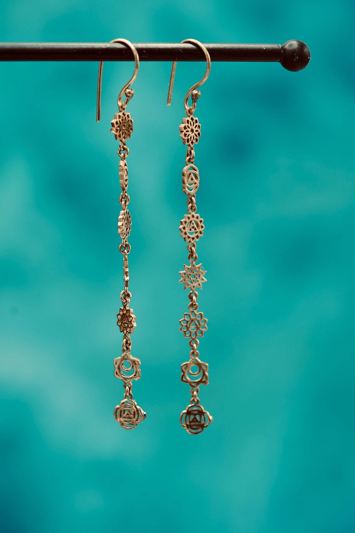 Long Pendant Brass Chakra Earrings, Boho Jewellery