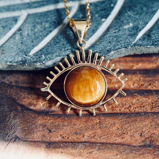 Chunky Tiger's Eye Brass Pendant Necklace, Stainless Steel Chain, Bohemian Jewellery for Women