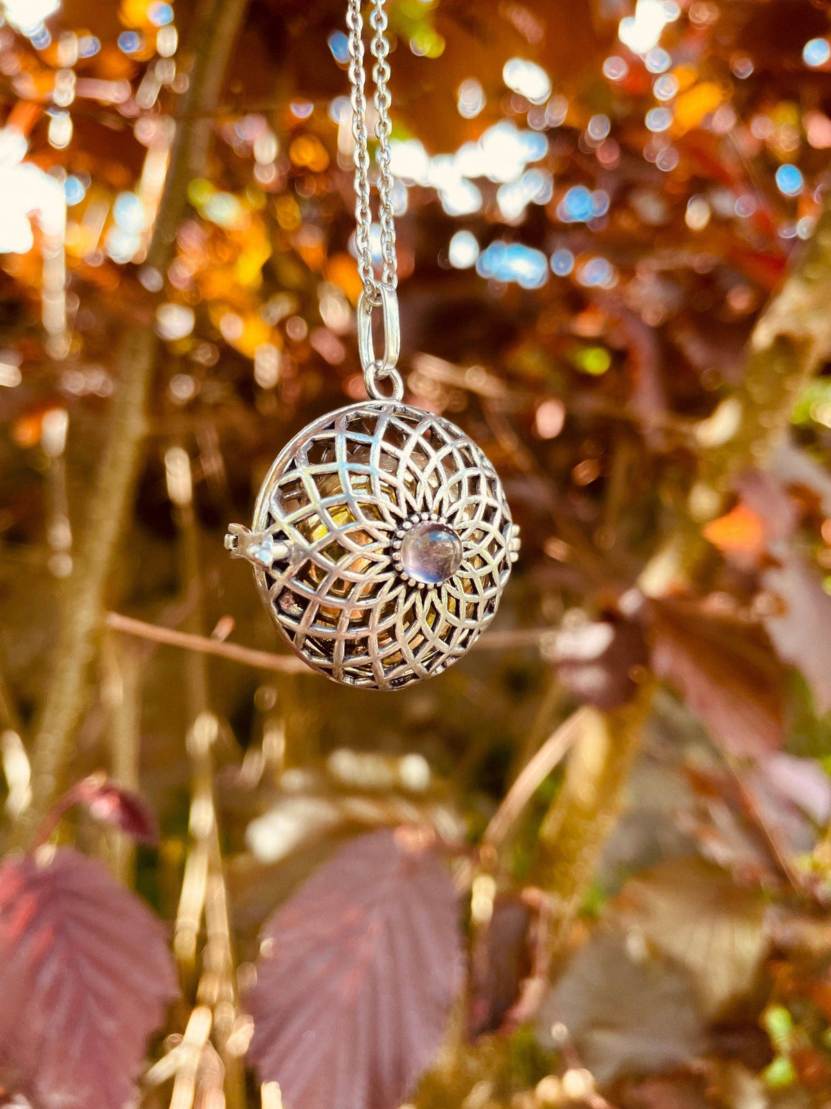 Silver Bola Necklace Brass & Amethyst / Pregnancy / Hypoallergenic / Harmony Ball / Chimes / Bell / Vegan / Ethnic / Boho  / Hippie /