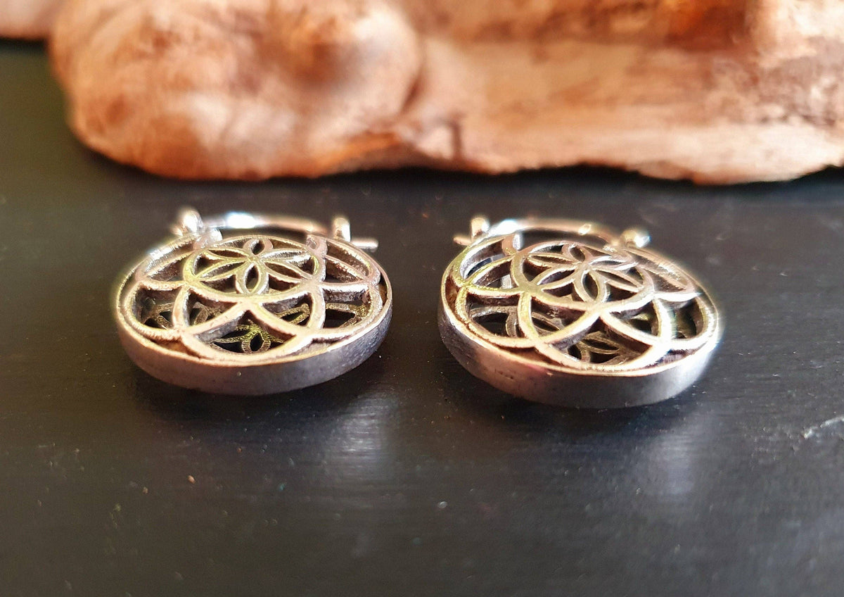 Boho Seed of Life Silver Earrings; Ethnic, Geometric,  Small, Rustic, Yoga, Hippie, Gypsy, Pretty, Ssy, Boho, Bohemian, Festival