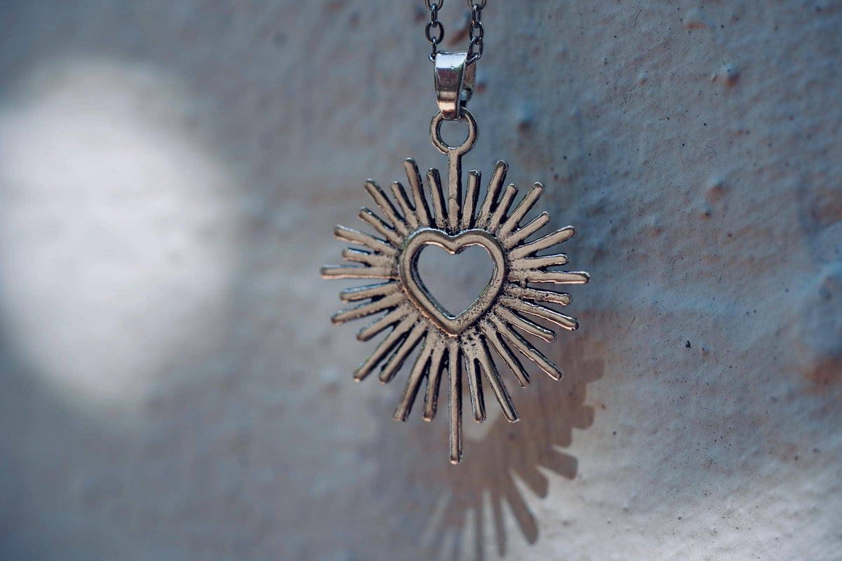 Mexican Sacred Heart Silver Pendant Necklace 50cm Stainless Steel Chain, Milagro Inspired Necklace, Sunburst Heart Necklace