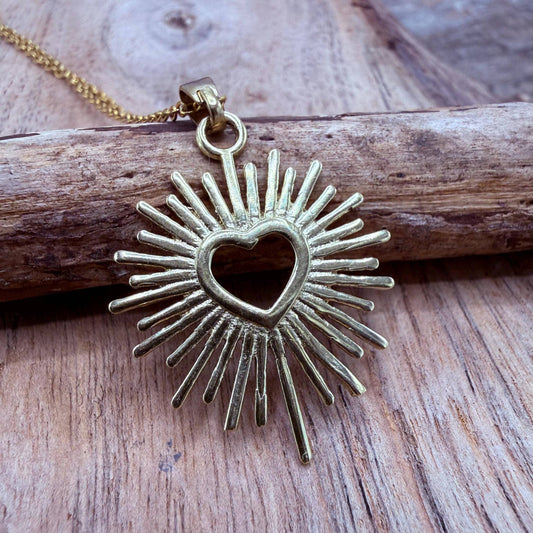 Sacred Heart Pendant Necklace, Mexican Milagro Inspired Necklace, Sunburst Heart Necklace, Boho Gold Necklace