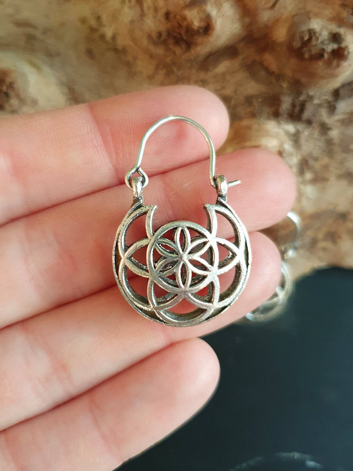 Boho Seed of Life Silver Earrings; Ethnic, Geometric,  Small, Rustic, Yoga, Hippie, Gypsy, Pretty, Ssy, Boho, Bohemian, Festival
