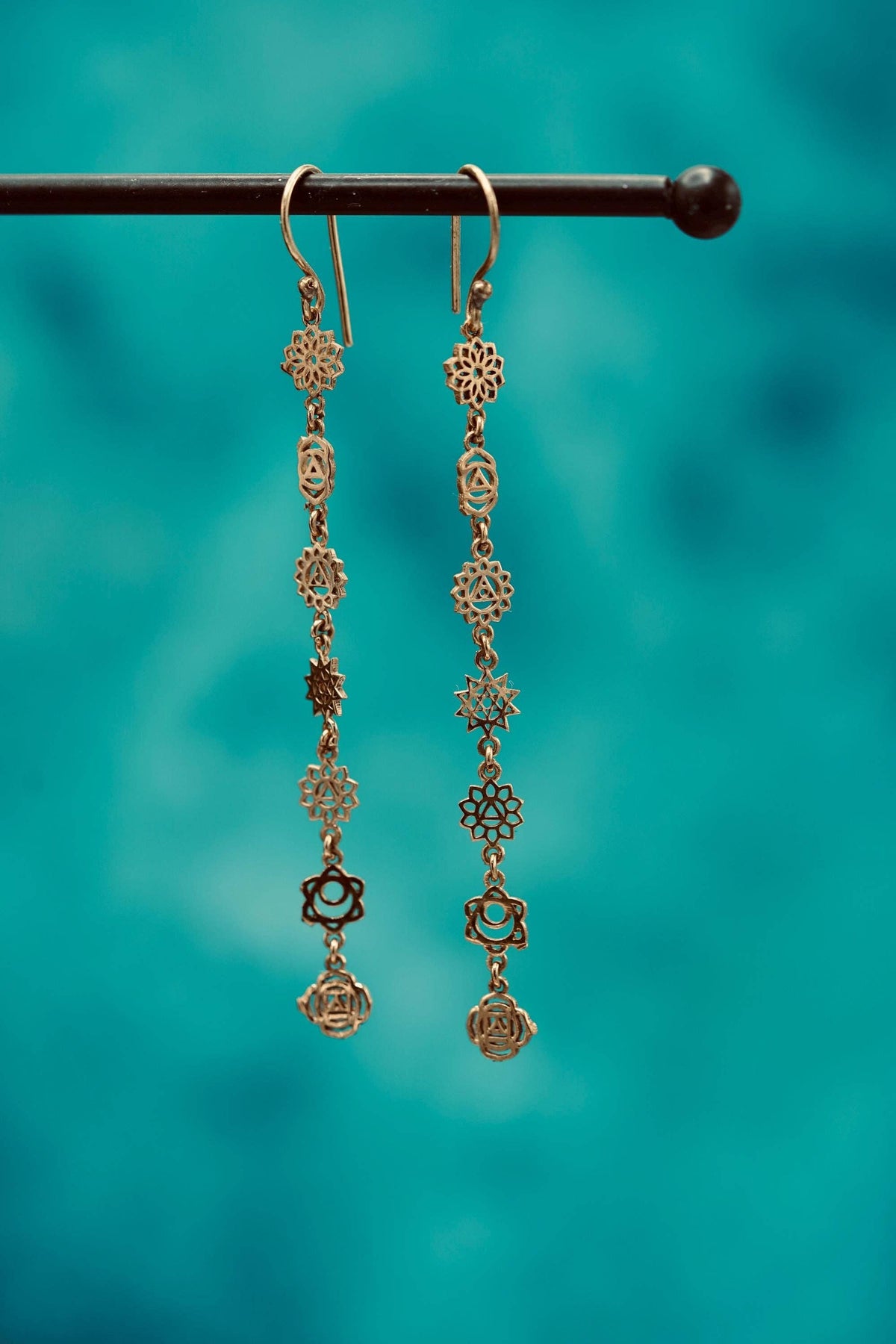 Long Pendant Brass Chakra Earrings, Boho Jewellery