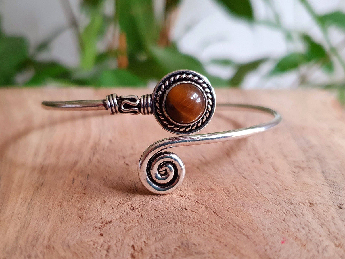 Silver Bracelet & Tiger Eye / Brass / Adjustable / Spiral / Ethnic / Rustic / Bohemian  / Boho /