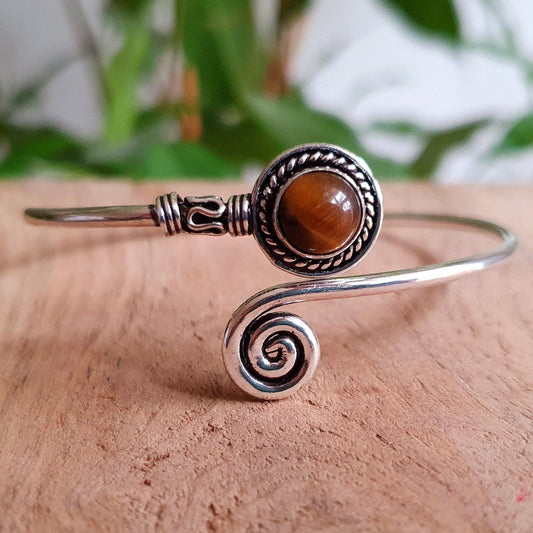 Silver Bracelet & Tiger Eye / Brass / Adjustable / Spiral / Ethnic / Rustic / Bohemian  / Boho /