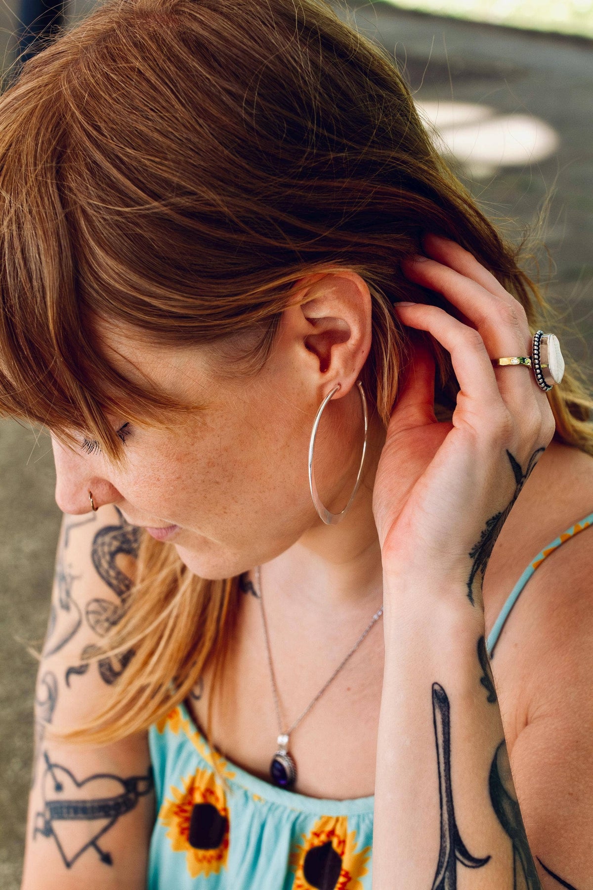 Hammered Flat Silver Hoop Earrings, Bohemian Hoops, Ethnic Jewellery, Everyday Silver Earrings