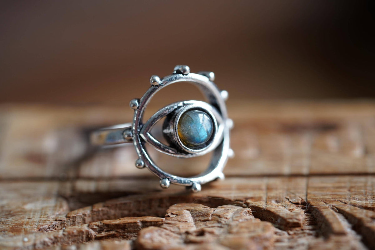 Labradorite Silver Eye Ring, Silver Plated Non Tarnish Ring, Boho Statement Ring, Evil Eye Inspired Ring, Gift for Her