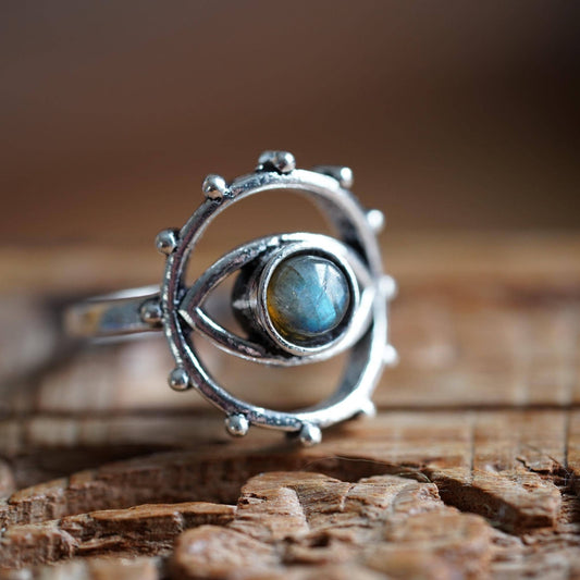 Labradorite Silver Eye Ring, Silver Plated Non Tarnish Ring, Boho Statement Ring, Evil Eye Inspired Ring
