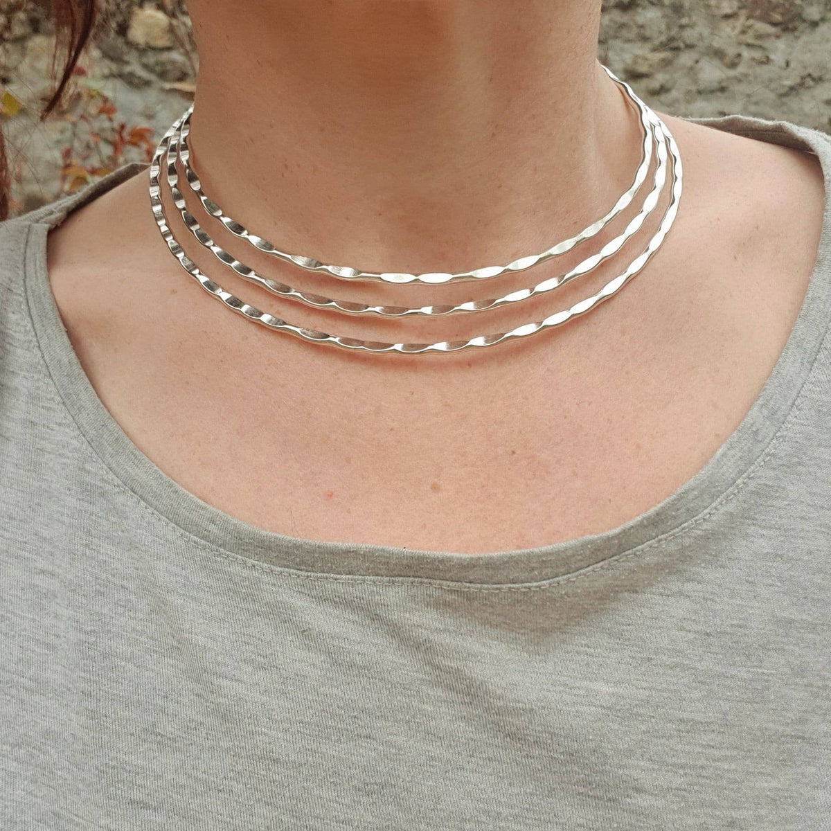Hammered Silver Choker Three Bands, Boho Statement Choker Necklace, Womens Choker Necklace