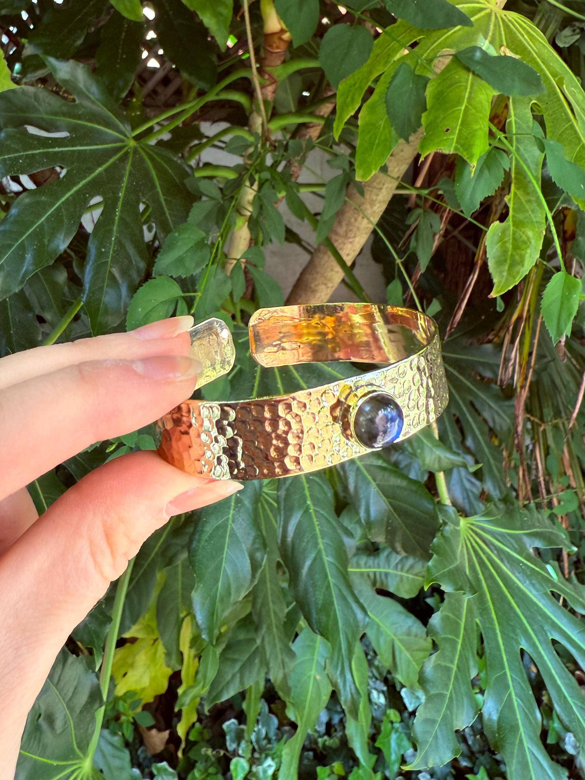Hammered Brass Bracelet Labradorite , Adjustable Bohemian Jewellery, Ethnic Style, Rustic