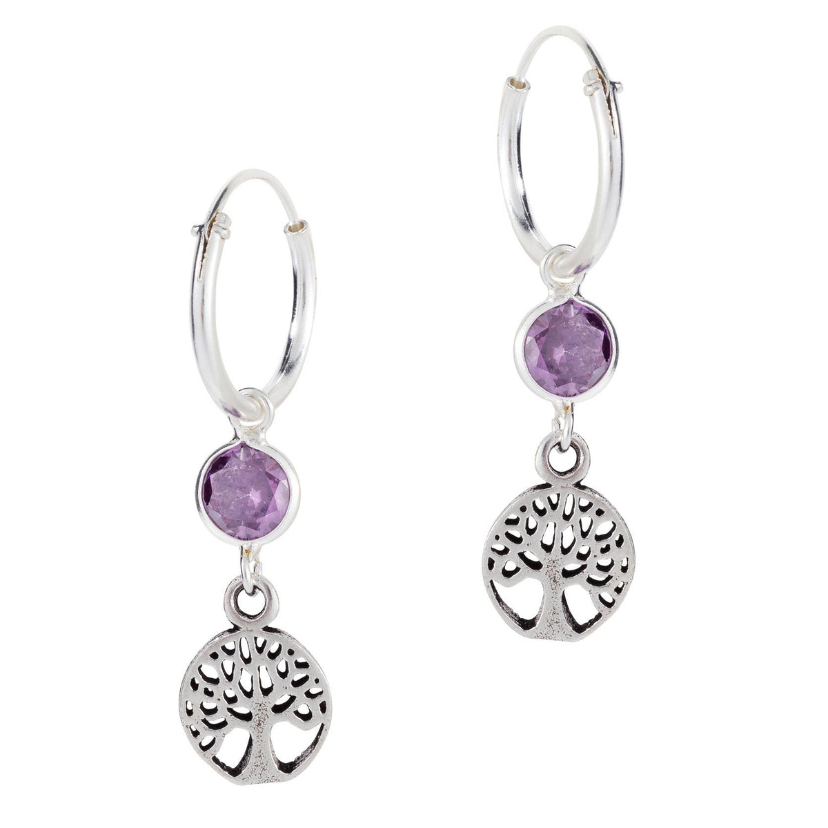 Pretty Sterling Silver Amethyst Tree of Life Hoops