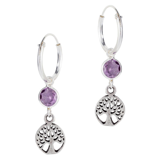 Pretty Sterling Silver Amethyst Tree of Life Hoops