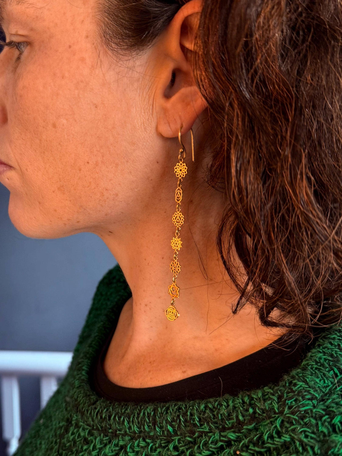 Long Pendant Brass Chakra Earrings, Boho Jewellery