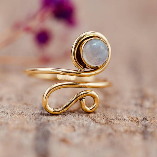 Boho Moonstone Brass Ring, Adjustable Ring