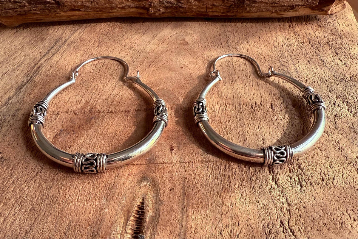 Silver Tribal Hoop Earrings / Ethnic / Rustic / Bohemian / Gypsy / Hippie / Chunky
