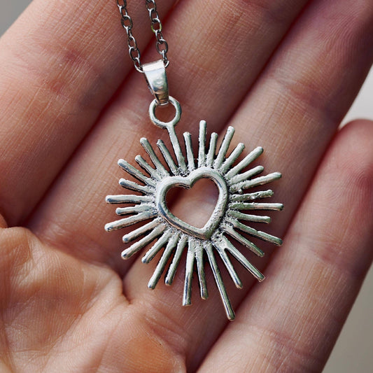 Mexican Sacred Heart Silver Pendant Necklace 50cm Stainless Steel Chain, Milagro Inspired Necklace, Sunburst Heart Necklace