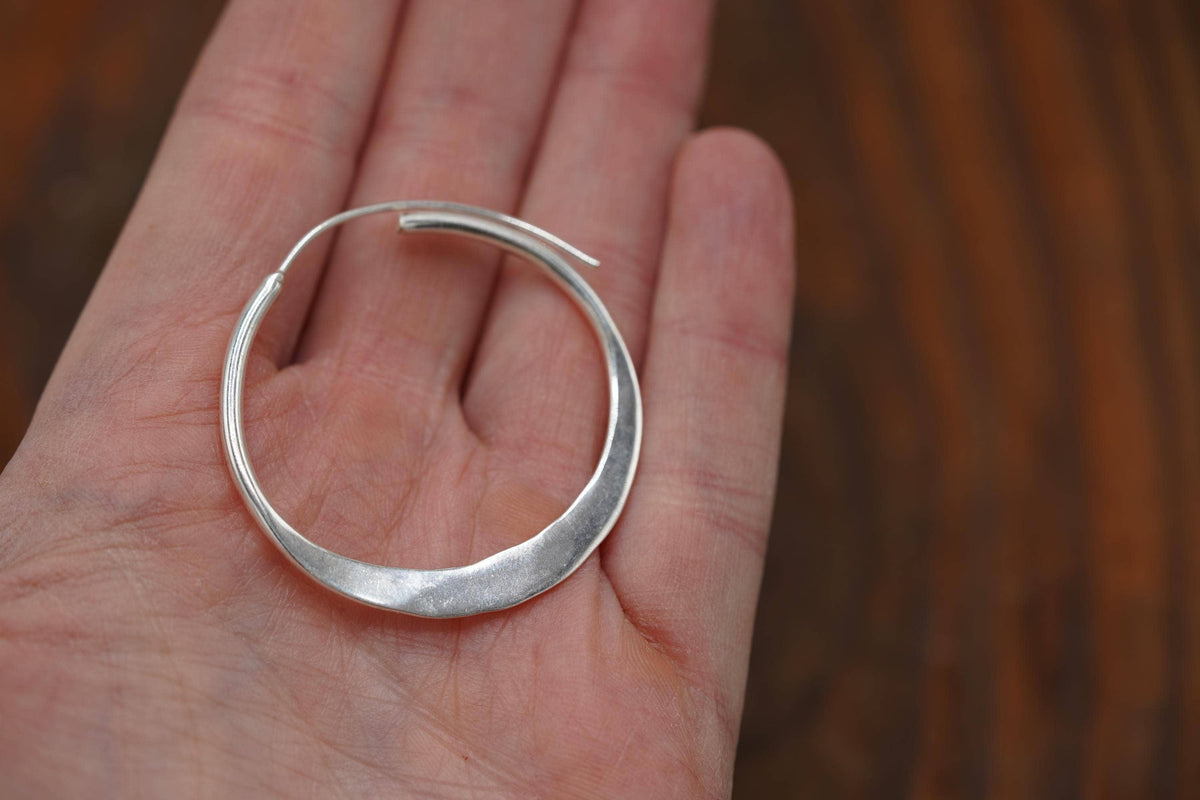 Hammered Flat Silver Hoop Earrings, Bohemian Hoops, Ethnic Jewellery, Everyday Silver Earrings